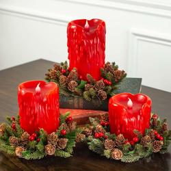 Red Battery Pillar Candles with Pine, Cone and Berry Rings