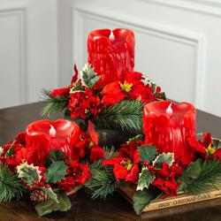 Red Battery Pillar Candles with Poinsettia Pine Candle Rings
