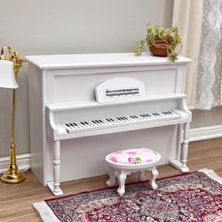 Dollhouse Miniature White Upright Piano Set