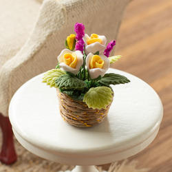 Dollhouse Miniature White and Yellow Roses Basket