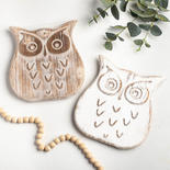 Pair of 2 Tan and Whitewashed Wooden Owls