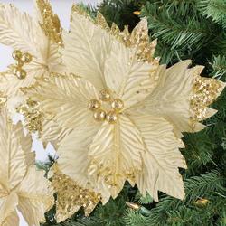 Artificial Glittered Gold Poinsettias with Clips