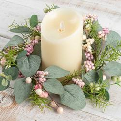 Artificial Cream and Pink Berry Candle Ring Wreath