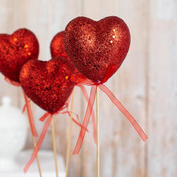 Red Glitter Valentine Heart Picks