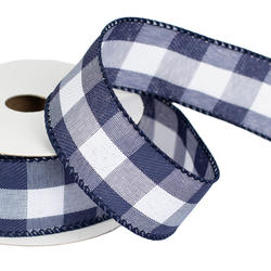 Blue and White Plaid Wired Edge Ribbon