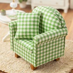Dollhouse Miniature Green and White Plaid Chair with Pillow