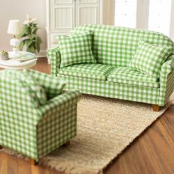 Dollhouse Miniature Green & White Check Sofa and Chair Set