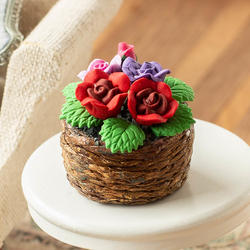 Dollhouse Miniature Red and Purple Roses Basket