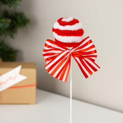 Spiral Red and White Christmas Ball Pick with Bow