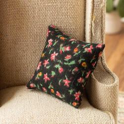 Dollhouse Miniature Black with Pink Flowers Throw Pillow