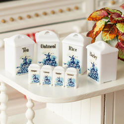 Dollhouse Miniature Delft Canister And Spice Jar Set