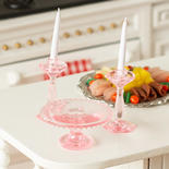 Dollhouse Miniature Pink Cake Plate and Candlesticks Set