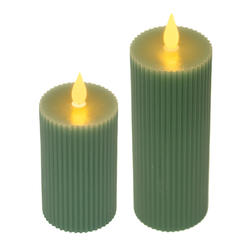 Soft Sage Green Ribbed LED Flameless Pillar Candle Set w/ Timer