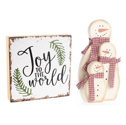 Holiday Joy Rustic Wood Block Sign and Snowman Family