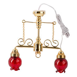 Miniature Ornate Chandelier with Red Floral Glass Shades