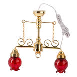 Miniature Ornate Chandelier with Red Floral Glass Shades
