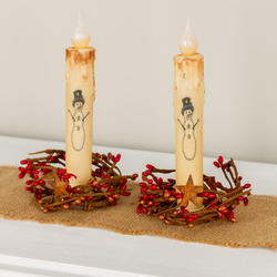 Primitive Snowman LED Battery Operated Taper Candles with Rings