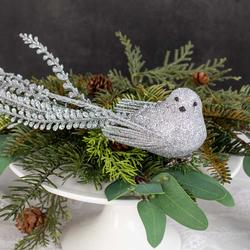 Artificial Silver Glitter Fern Tail Bird with Clip