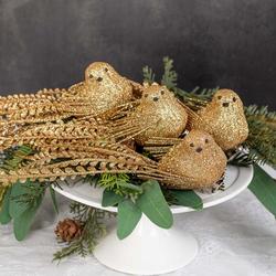 Artificial Gold Glitter Fern Tail Birds with Clip