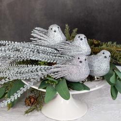 Artificial Silver Glitter Fern Tail Birds with Clip