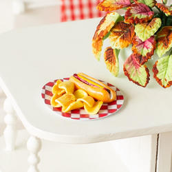 Dollhouse Miniature Hot Dog with Chips on Checkered Plate