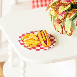 Dollhouse Miniature Hot Dog with Fries on Checkered Plate