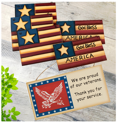 Primitive Flags and Proud of our Veterans Wood Ornaments Set