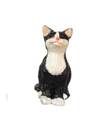 Dollhouse Miniature Black and White Cat Sitting with Eyes Closed