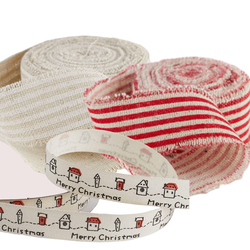 "Merry Christmas" Houses and Red and Cream Striped Linen Ribbons