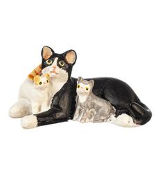 Dollhouse Miniature Black and White Cat with Kittens Lying Down