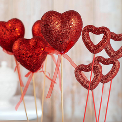 Red Glittered Valentine Assorted Open and Puffy Heart Picks