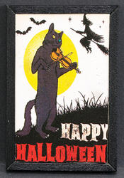 Happy Halloween Picture w/ Black Cat Playing a Violin