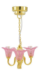Dollhouse Miniature LED 3 Pink Tulip Chandelier, Battery Powered