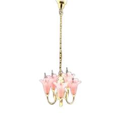 Dollhouse Miniature LED 5 Pink Tulip Chandelier, Battery Powered