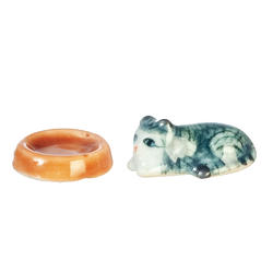 Dollhouse Miniature Ceramic Cat and Orange Bowl
