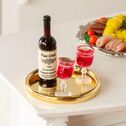 Dollhouse Miniature Red Wine Bottle with 2 Filled Glasses On Tra