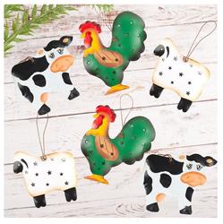 Rustic Tin Sheep, Cow and Rooster Ornaments