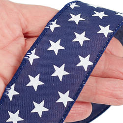 Blue Ribbon with Printed White Stars Wired Ribbon